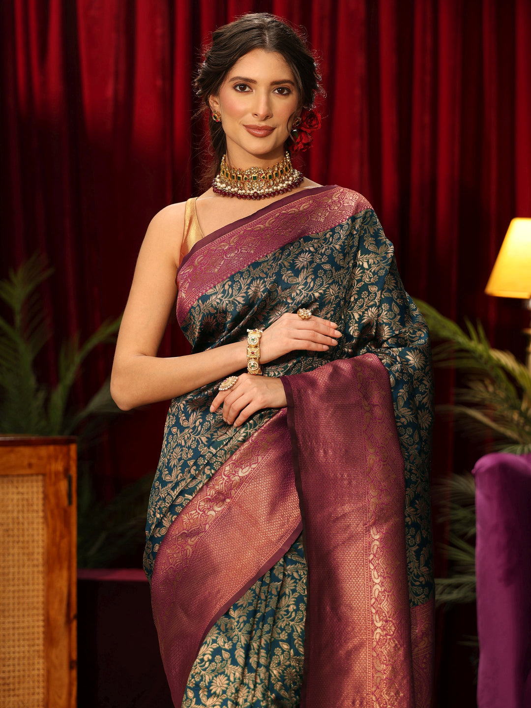  Libas Blue and Maroon Floral Woven Design Silk Blend Saree 