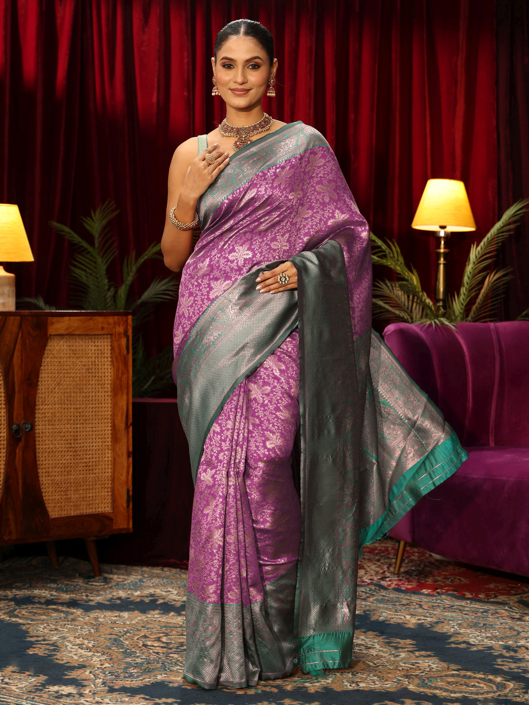  Libas Purple and Green Floral Woven Design Silk Blend Saree 