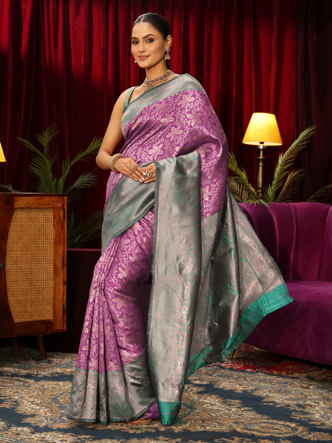  Libas Purple and Green Floral Woven Design Silk Blend Saree 