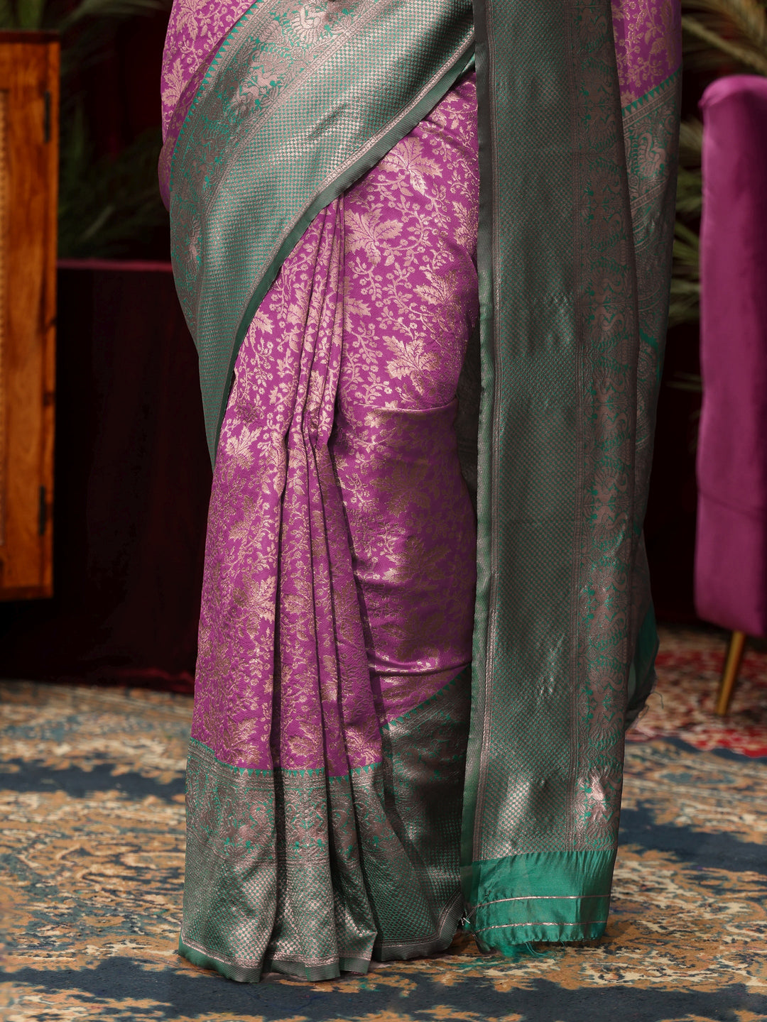  Libas Purple and Green Floral Woven Design Silk Blend Saree 