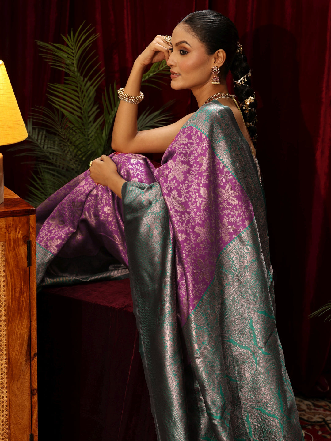  Libas Purple and Green Floral Woven Design Silk Blend Saree 