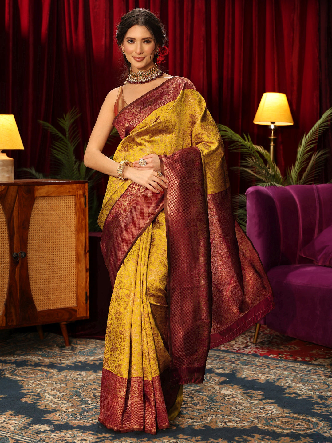  Libas Mustard Floral Woven Design Silk Blend Saree 