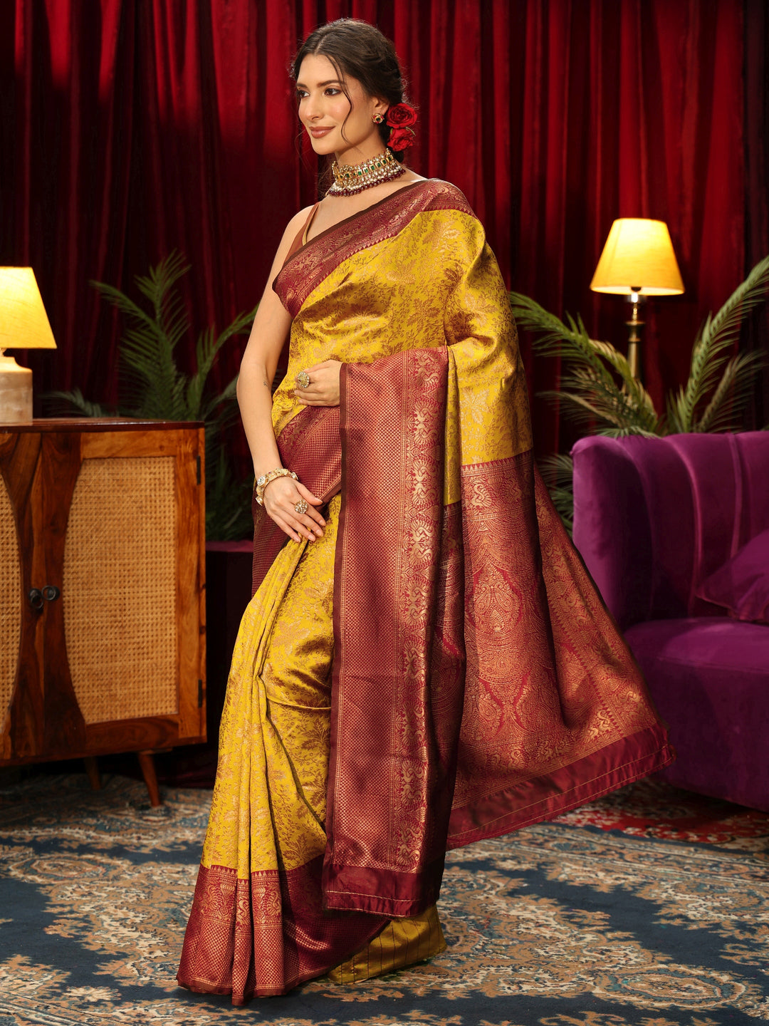  Libas Mustard Floral Woven Design Silk Blend Saree 