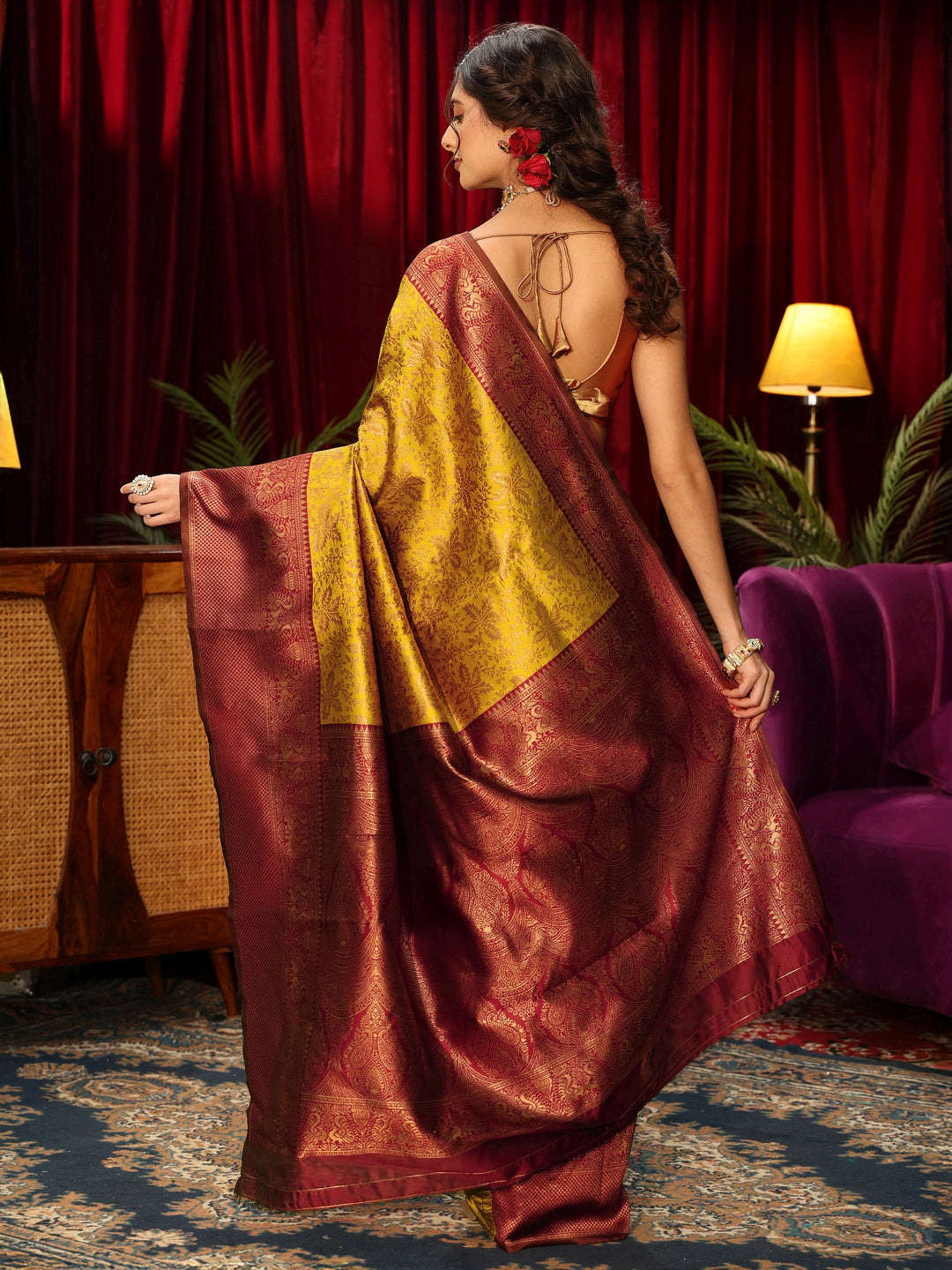  Libas Mustard Floral Woven Design Silk Blend Saree 