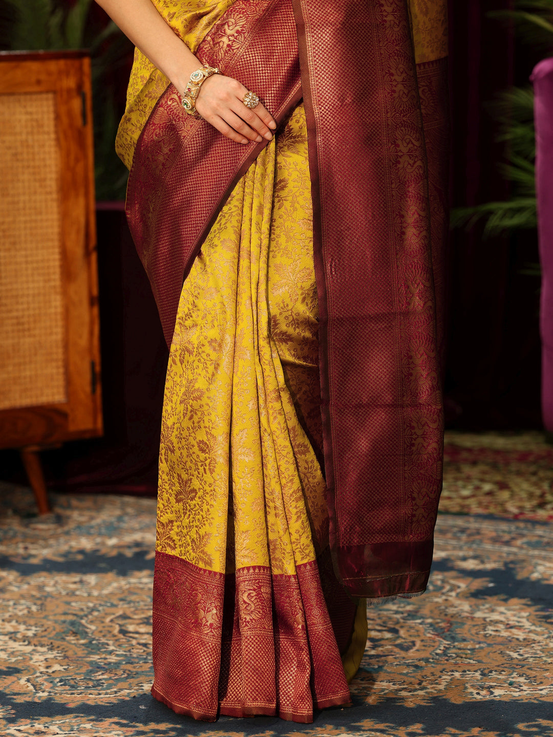  Libas Mustard Floral Woven Design Silk Blend Saree 