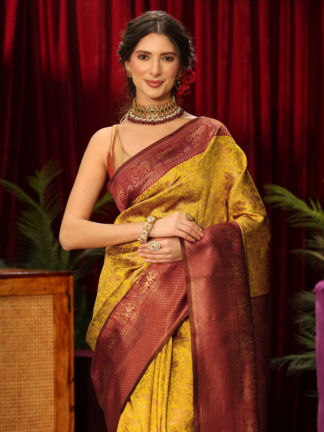  Libas Mustard Floral Woven Design Silk Blend Saree 
