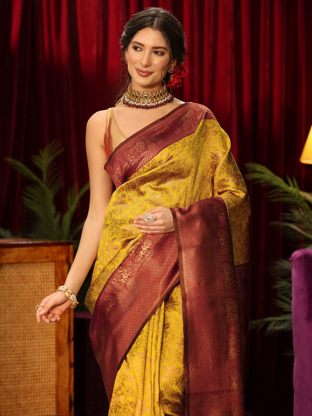  Libas Mustard Floral Woven Design Silk Blend Saree 
