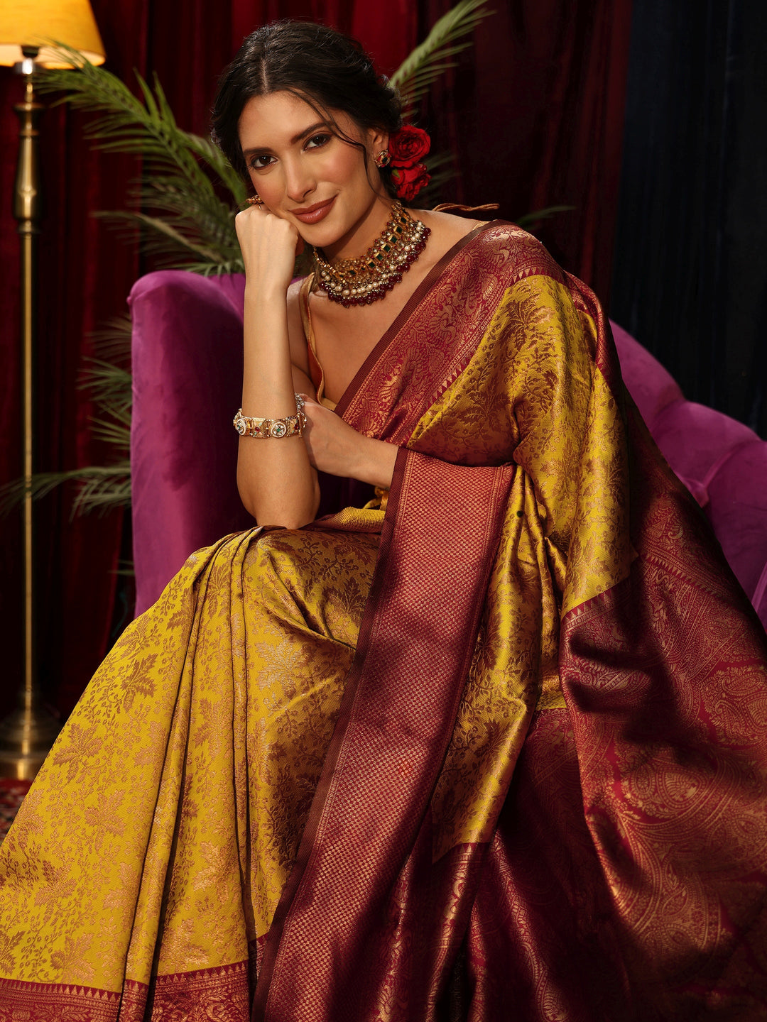 Libas Mustard Floral Woven Design Silk Blend Saree 