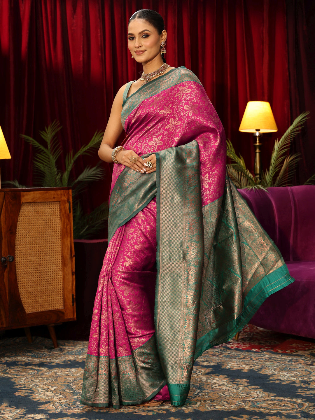  Libas Magenta Pink Floral Woven Design Silk Blend Saree 