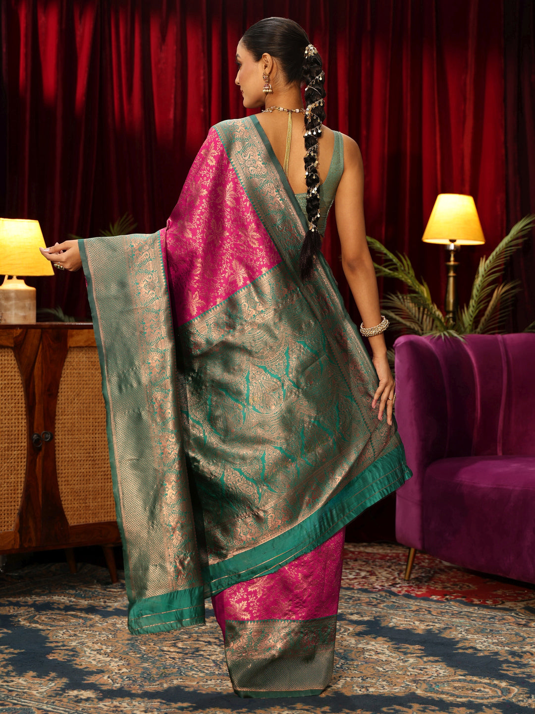  Libas Magenta Pink Floral Woven Design Silk Blend Saree 