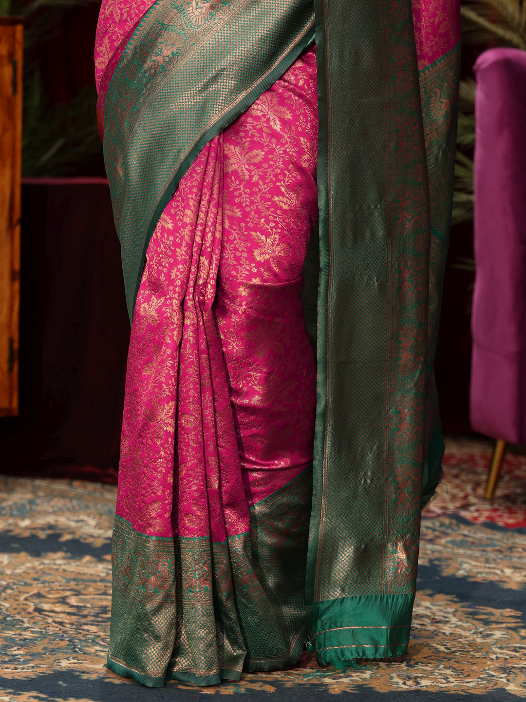  Libas Magenta Pink Floral Woven Design Silk Blend Saree 