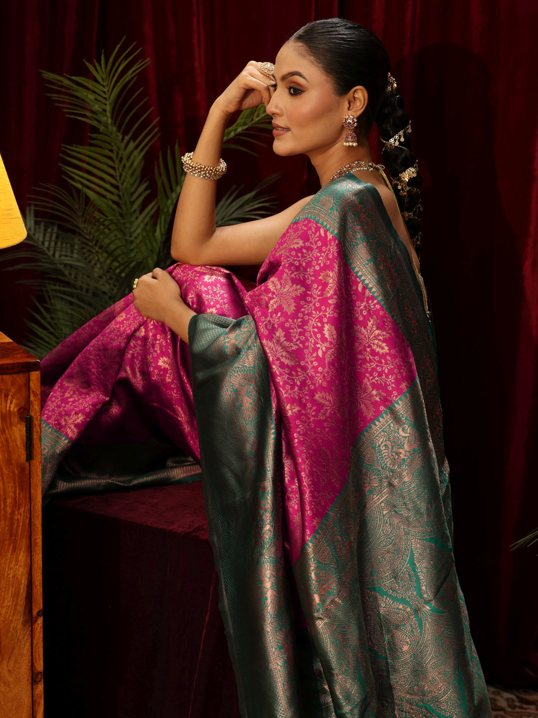  Libas Magenta Pink Floral Woven Design Silk Blend Saree 