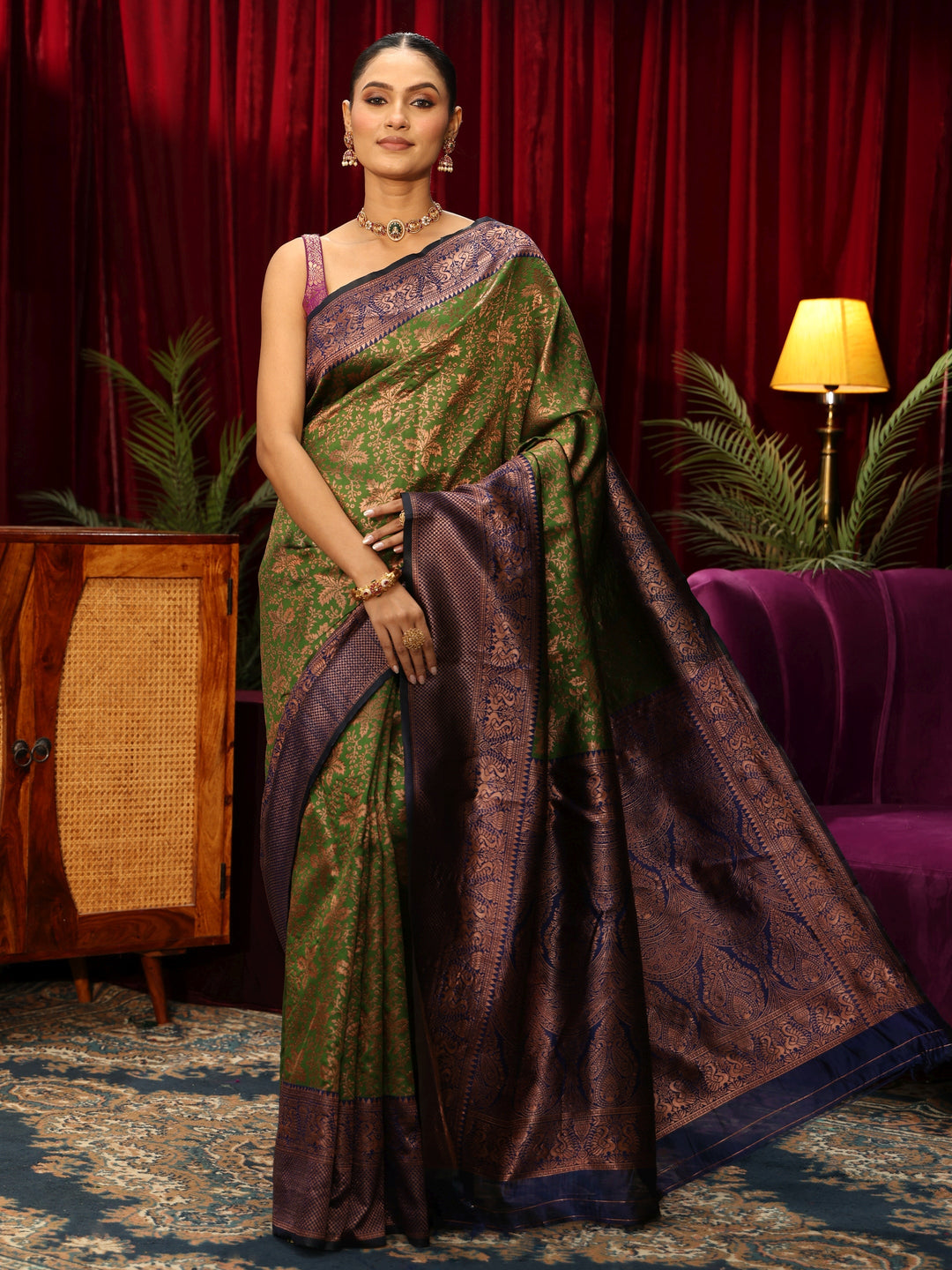  Libas Henna Green Floral Woven Design Silk Blend Saree 