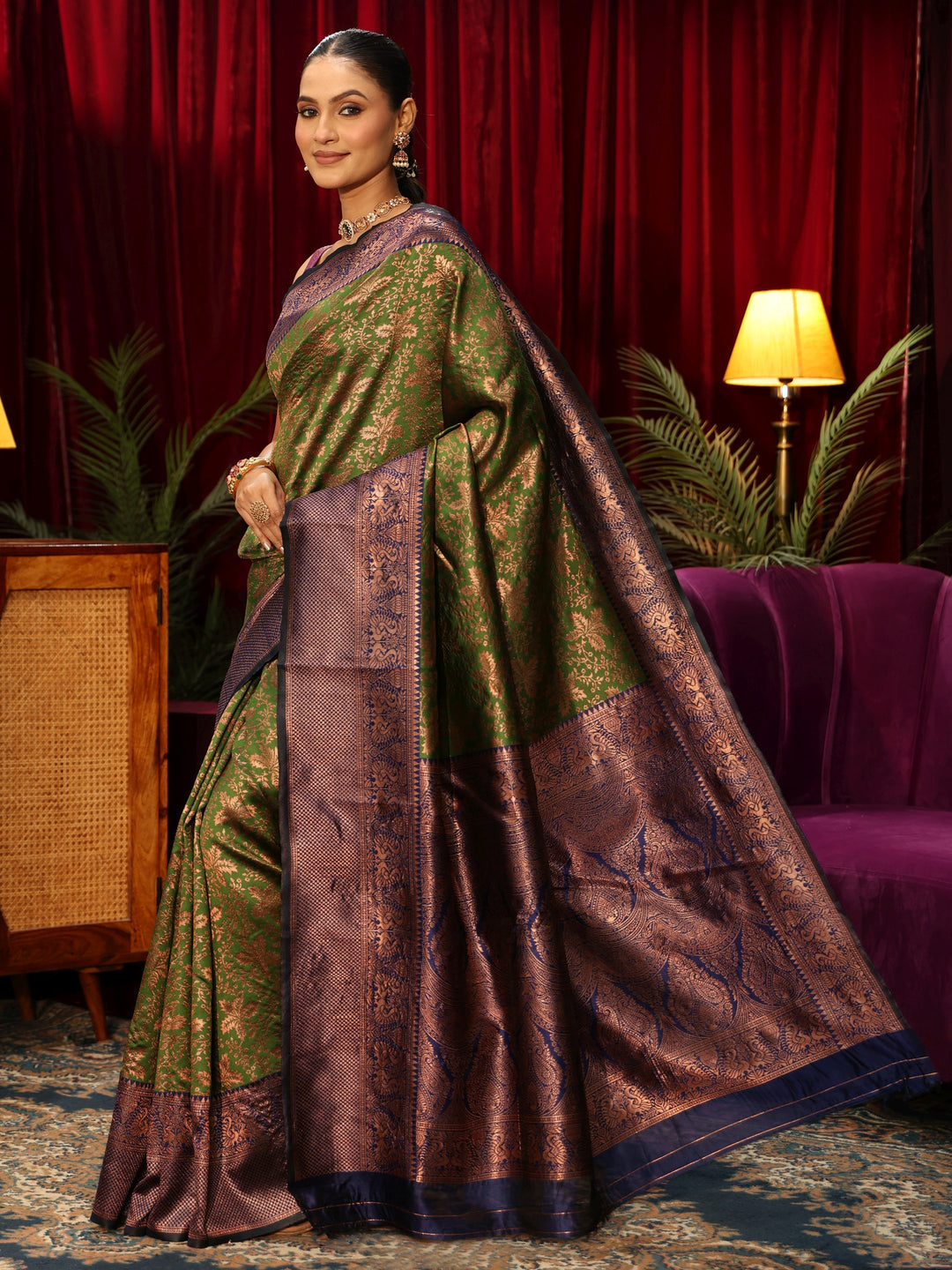  Libas Henna Green Floral Woven Design Silk Blend Saree 