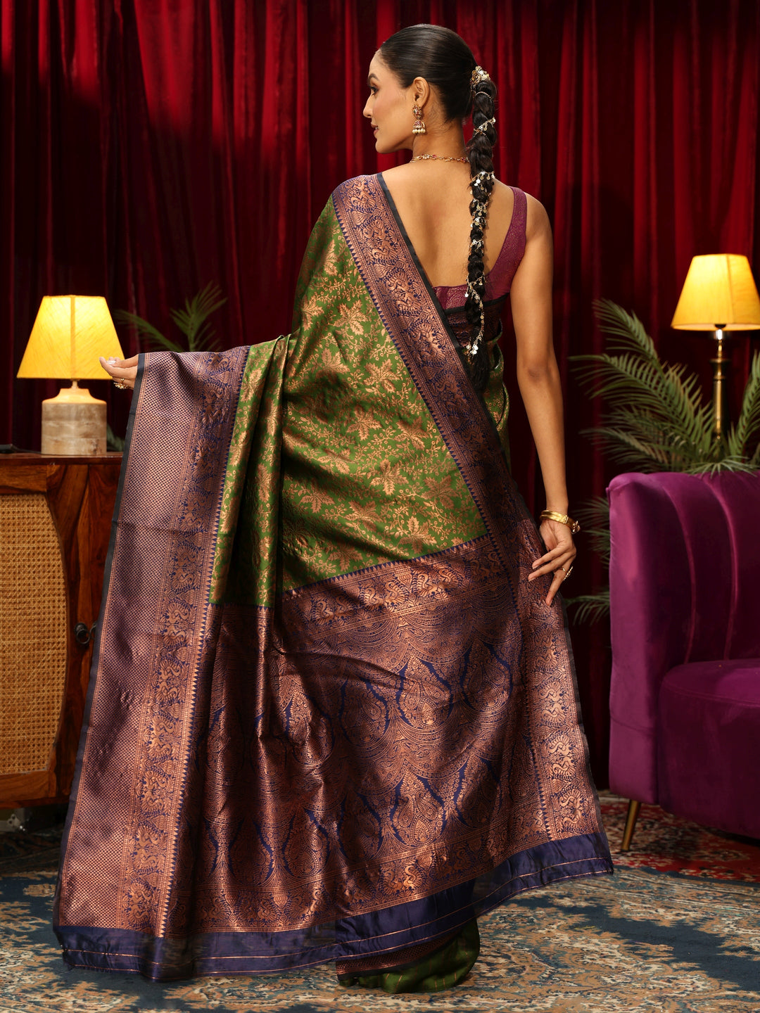  Libas Henna Green Floral Woven Design Silk Blend Saree 