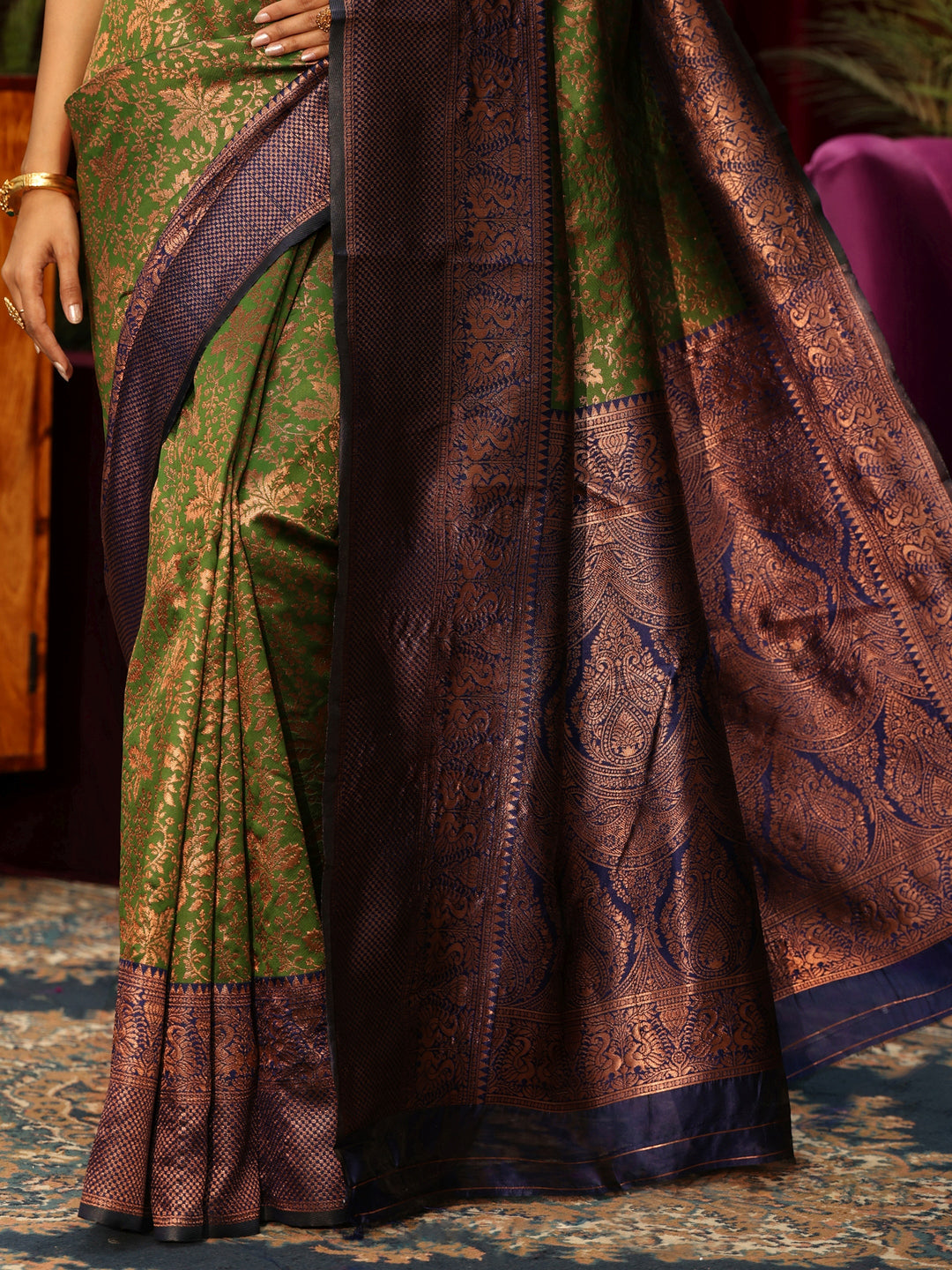  Libas Henna Green Floral Woven Design Silk Blend Saree 