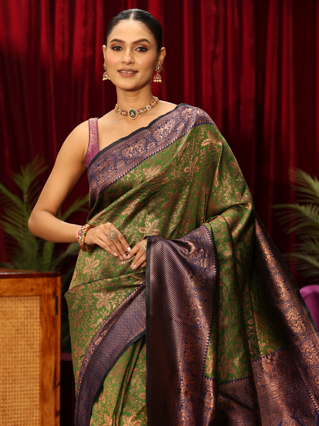  Libas Henna Green Floral Woven Design Silk Blend Saree 