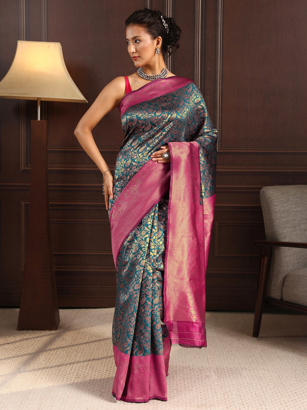  Libas Navy Blue Floral Woven Design Silk Blend Saree 