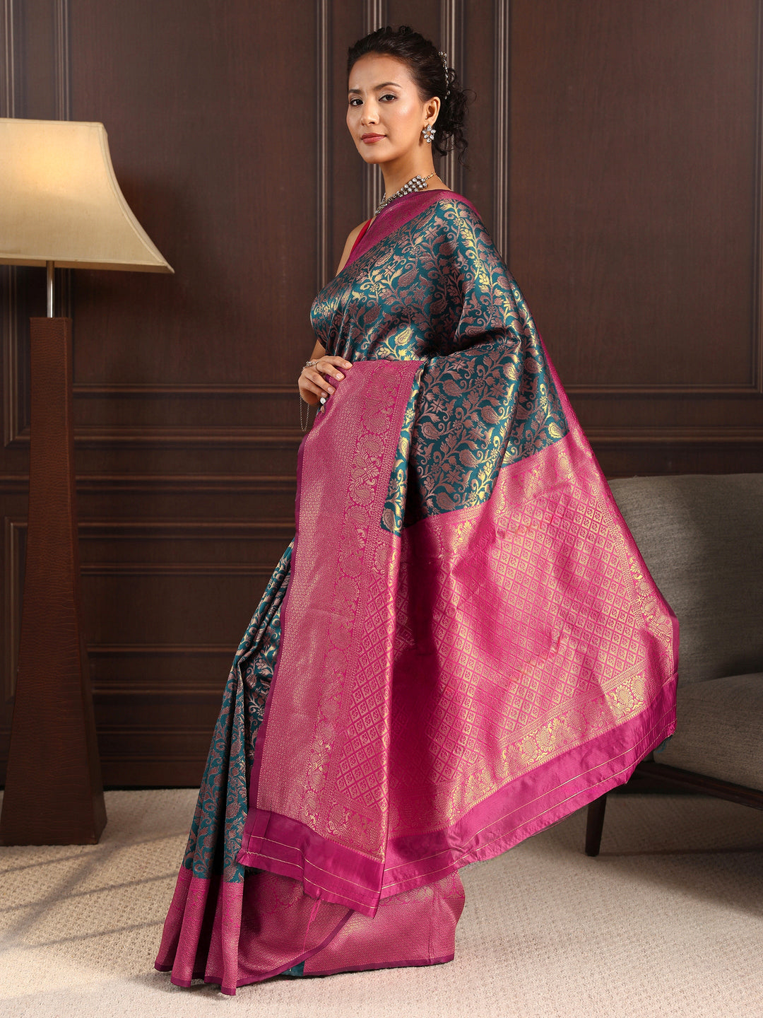  Libas Navy Blue Floral Woven Design Silk Blend Saree 