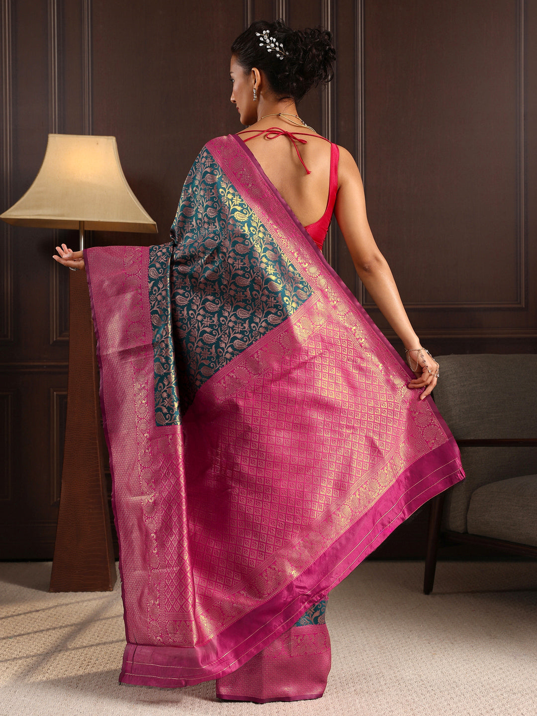  Libas Navy Blue Floral Woven Design Silk Blend Saree 