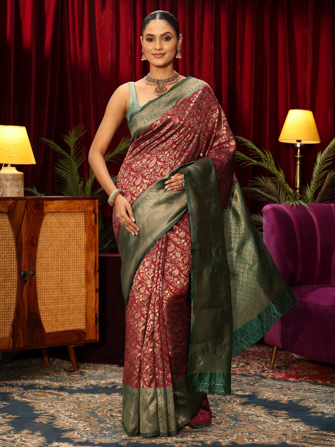  Libas Maroon and Green Floral Woven Design Silk Blend Saree 