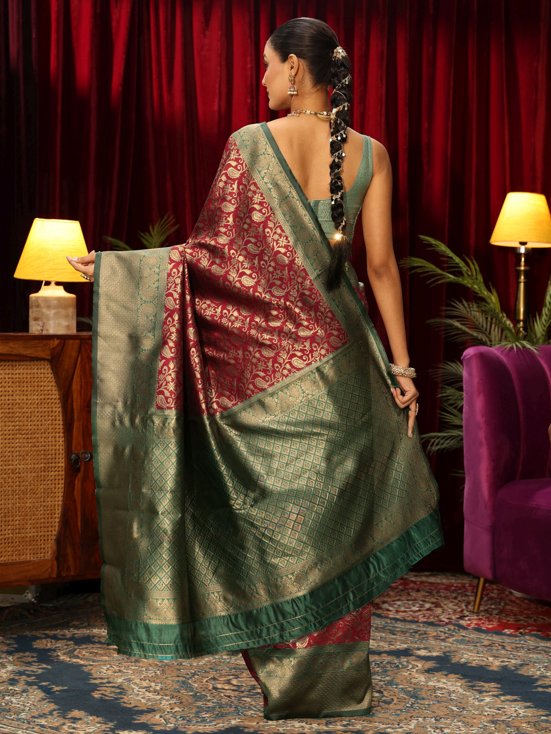  Libas Maroon and Green Floral Woven Design Silk Blend Saree 