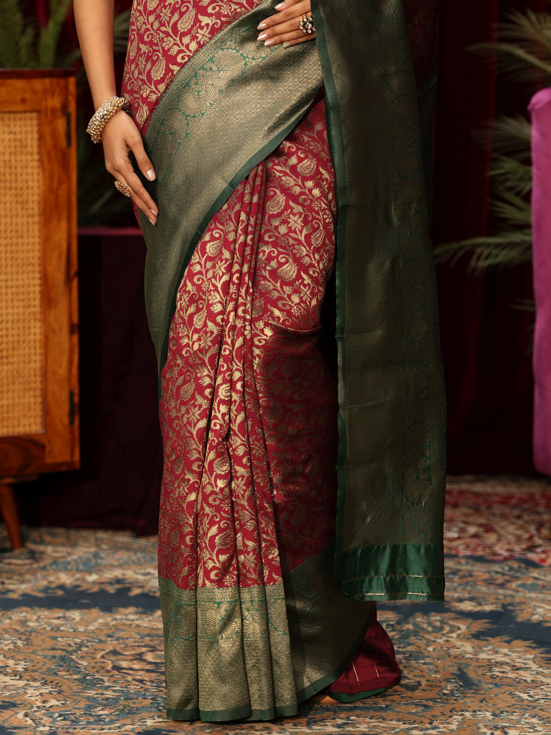  Libas Maroon and Green Floral Woven Design Silk Blend Saree 