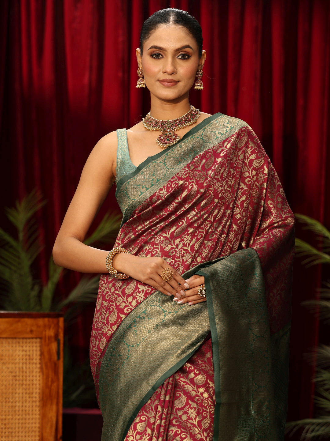  Libas Maroon and Green Floral Woven Design Silk Blend Saree 