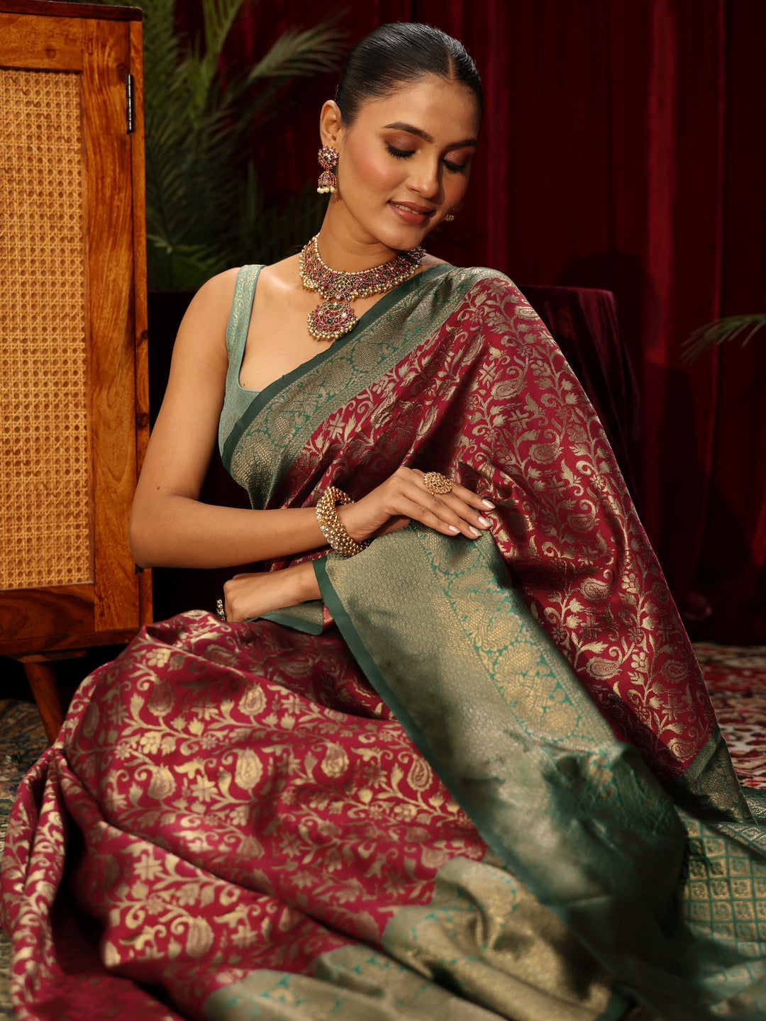  Libas Maroon and Green Floral Woven Design Silk Blend Saree 