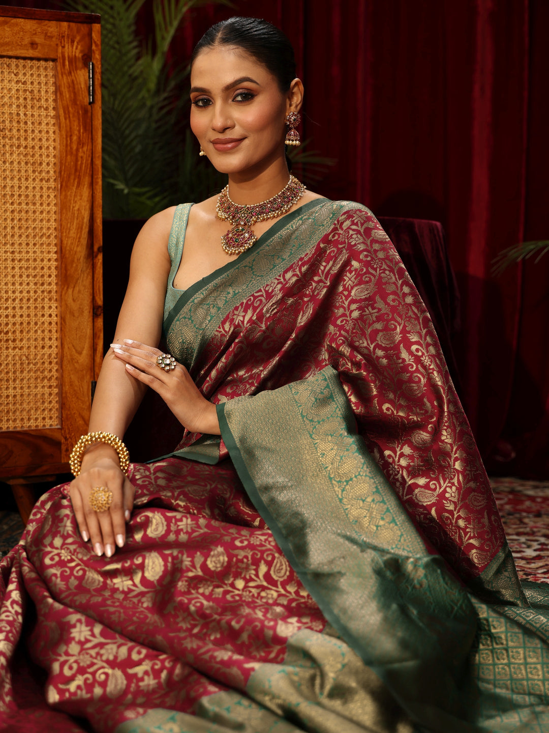  Libas Maroon and Green Floral Woven Design Silk Blend Saree 