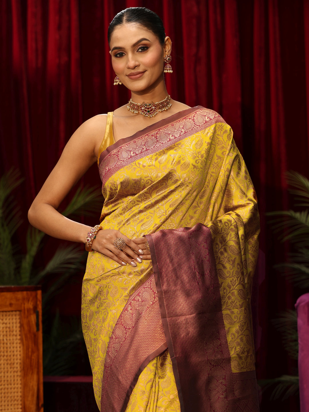  Libas Mustard Floral Woven Design Silk Blend Saree 