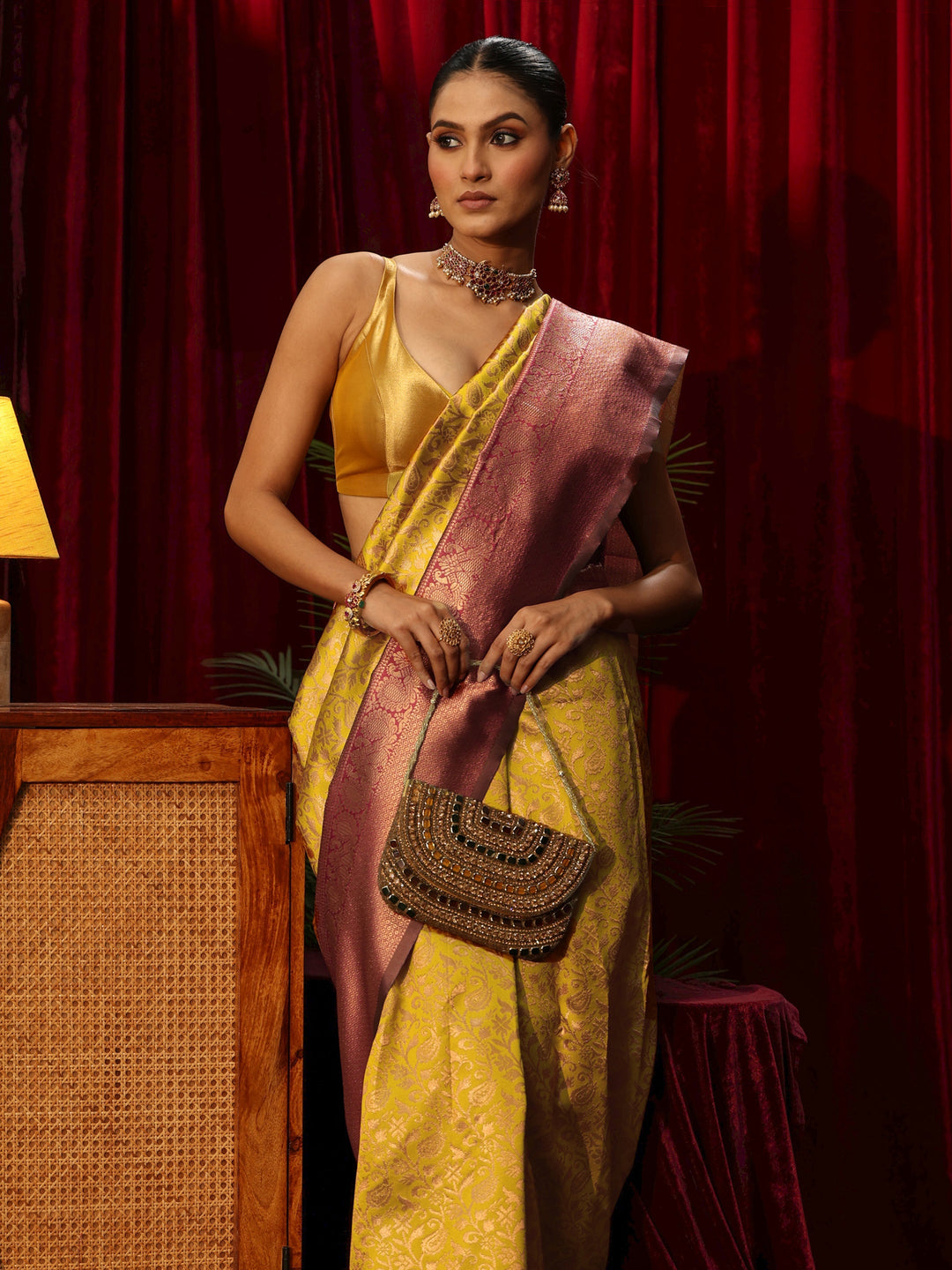  Libas Mustard Floral Woven Design Silk Blend Saree 