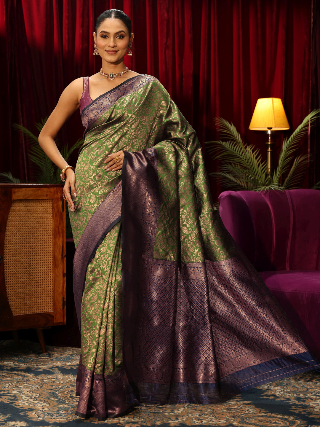  Libas Bottle Green Floral Woven Design Silk Blend Saree 
