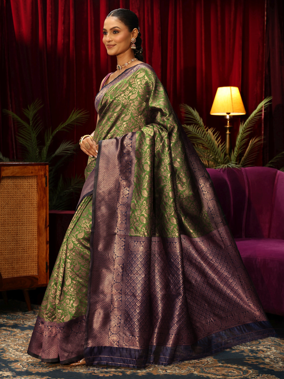  Libas Bottle Green Floral Woven Design Silk Blend Saree 