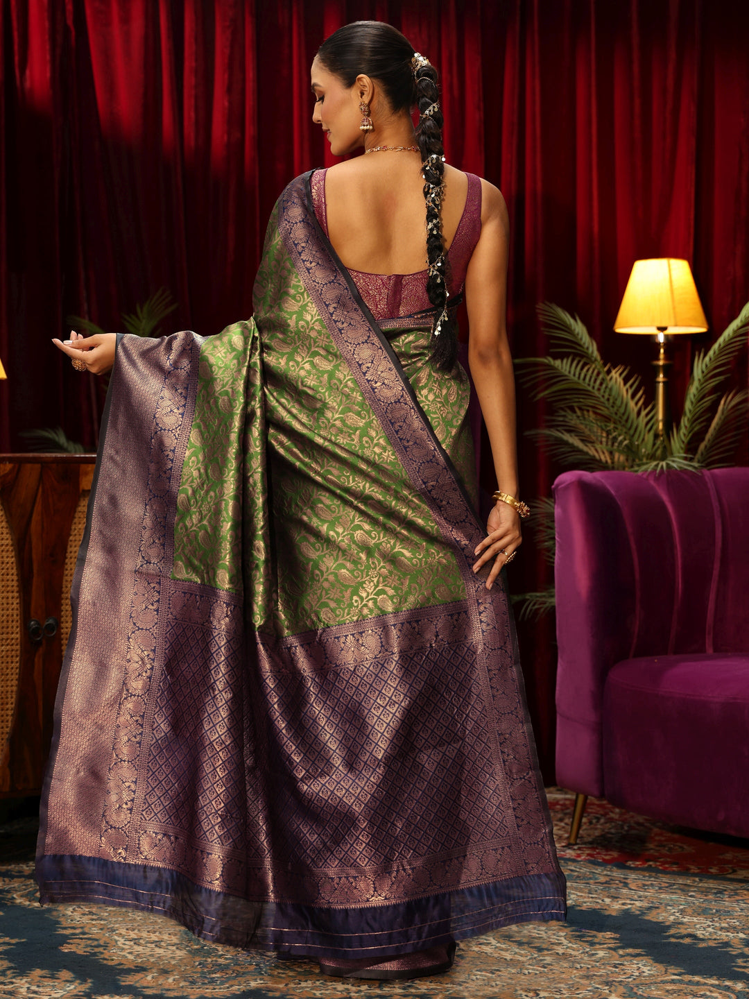  Libas Bottle Green Floral Woven Design Silk Blend Saree 