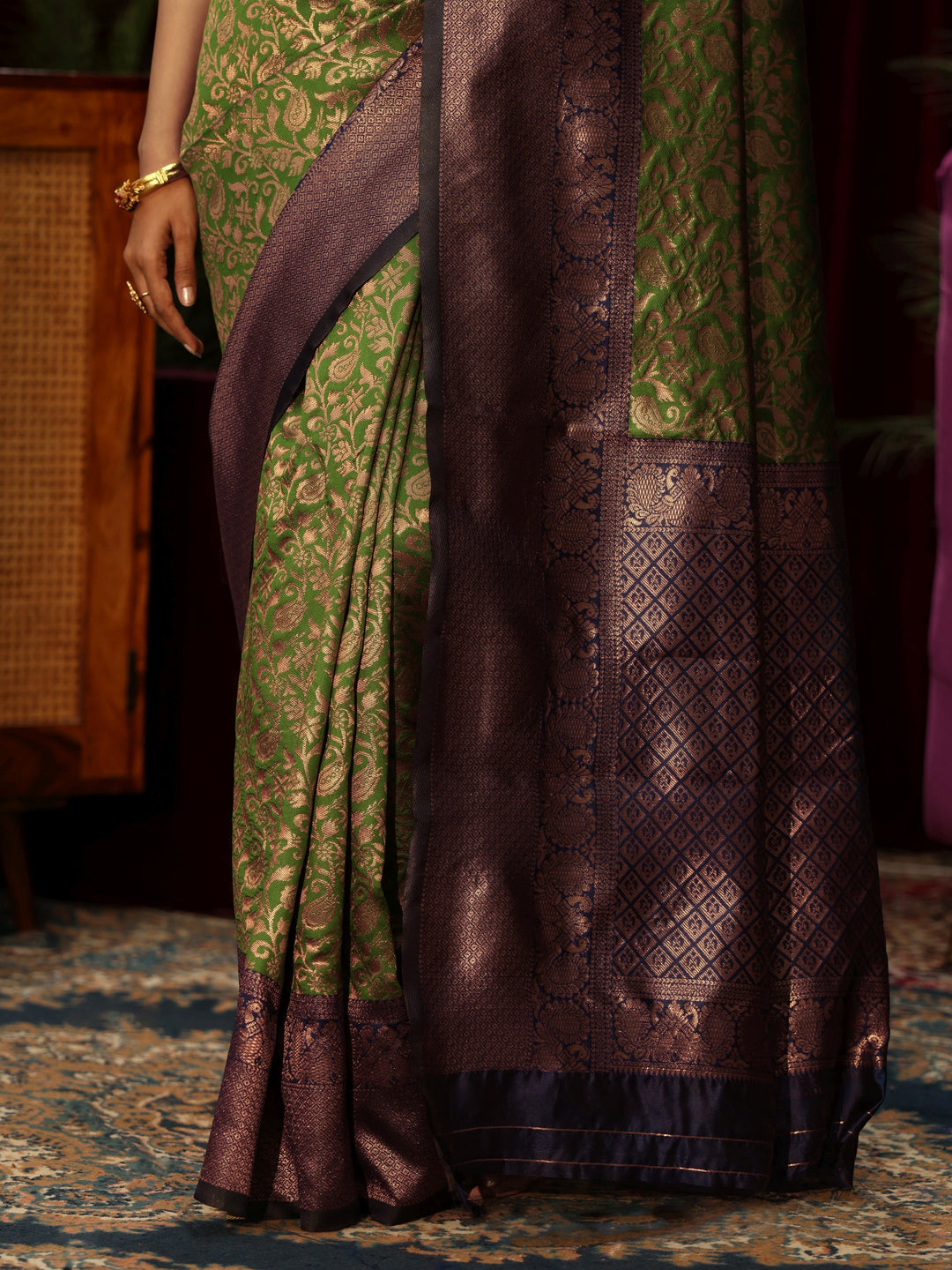  Libas Bottle Green Floral Woven Design Silk Blend Saree 