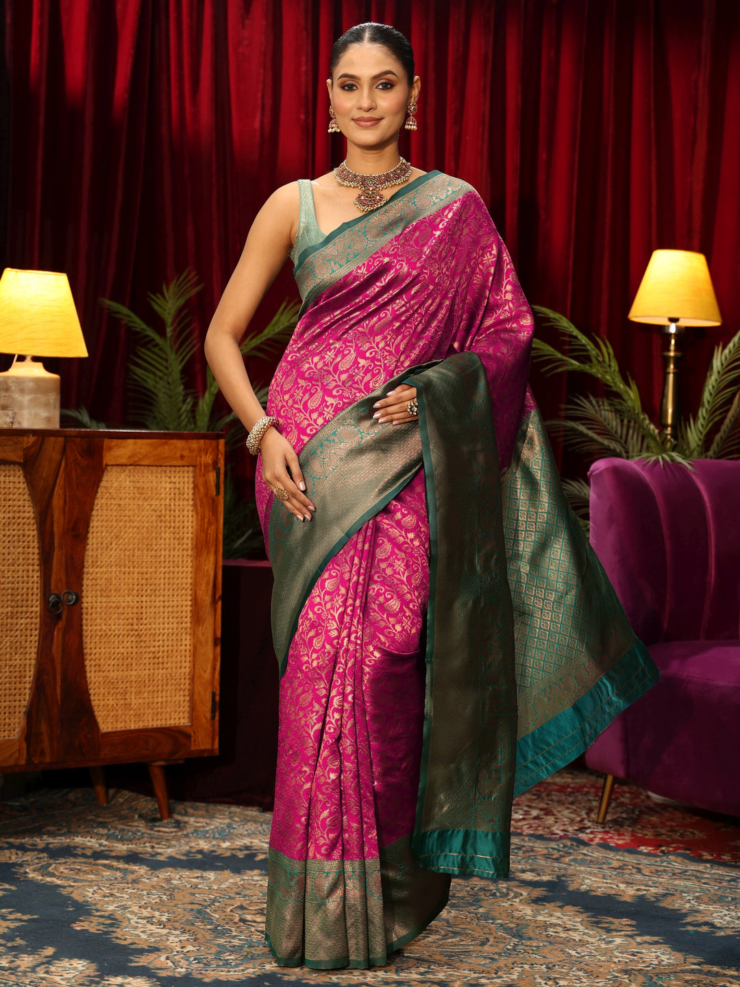 Libas Magenta Pink Floral Woven Design Silk Blend Saree 
