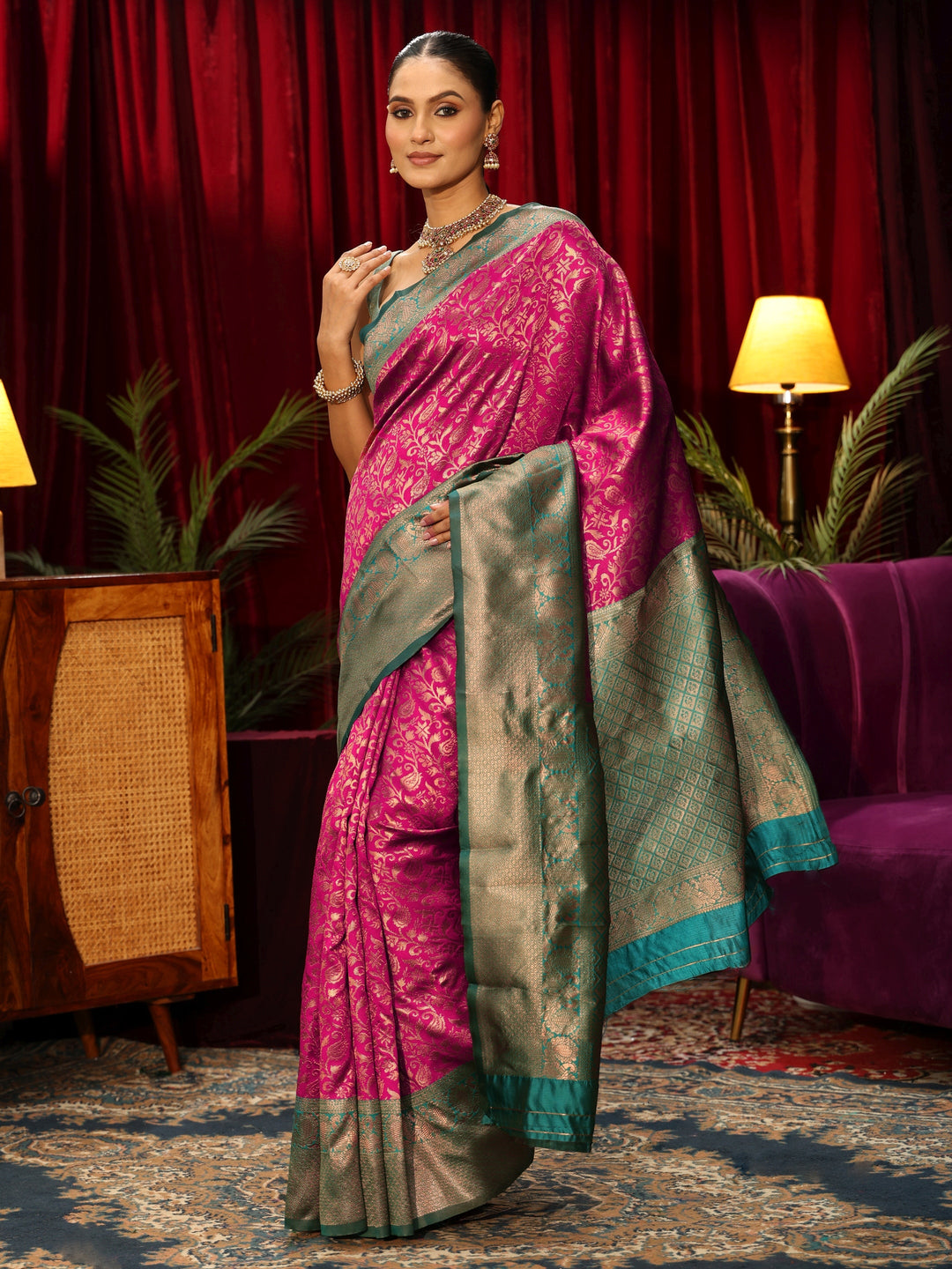  Libas Magenta Pink Floral Woven Design Silk Blend Saree 