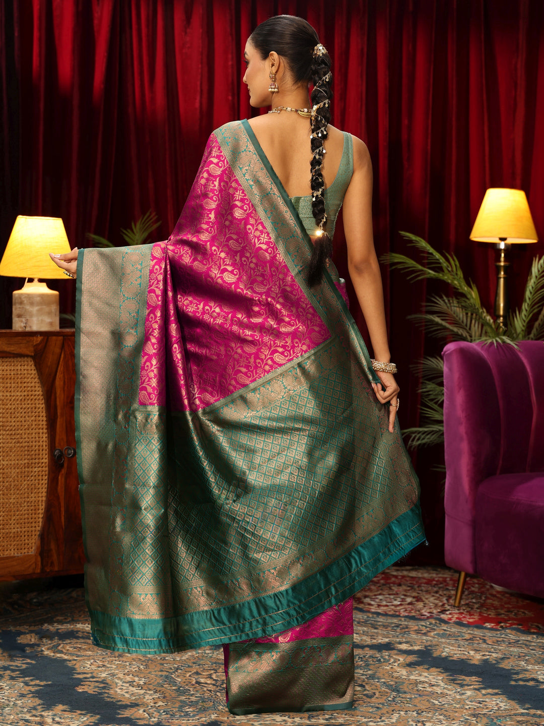  Libas Magenta Pink Floral Woven Design Silk Blend Saree 