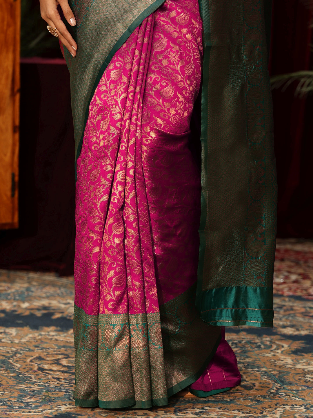  Libas Magenta Pink Floral Woven Design Silk Blend Saree 