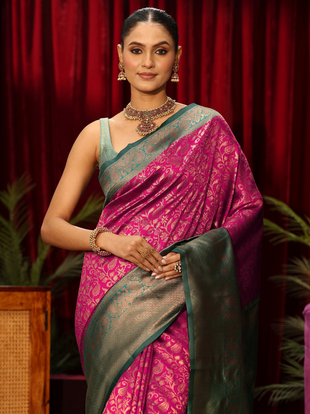  Libas Magenta Pink Floral Woven Design Silk Blend Saree 