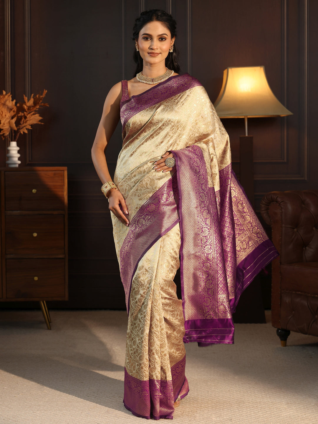  Libas Beige and Purple Banarasi Silk Blend Saree 