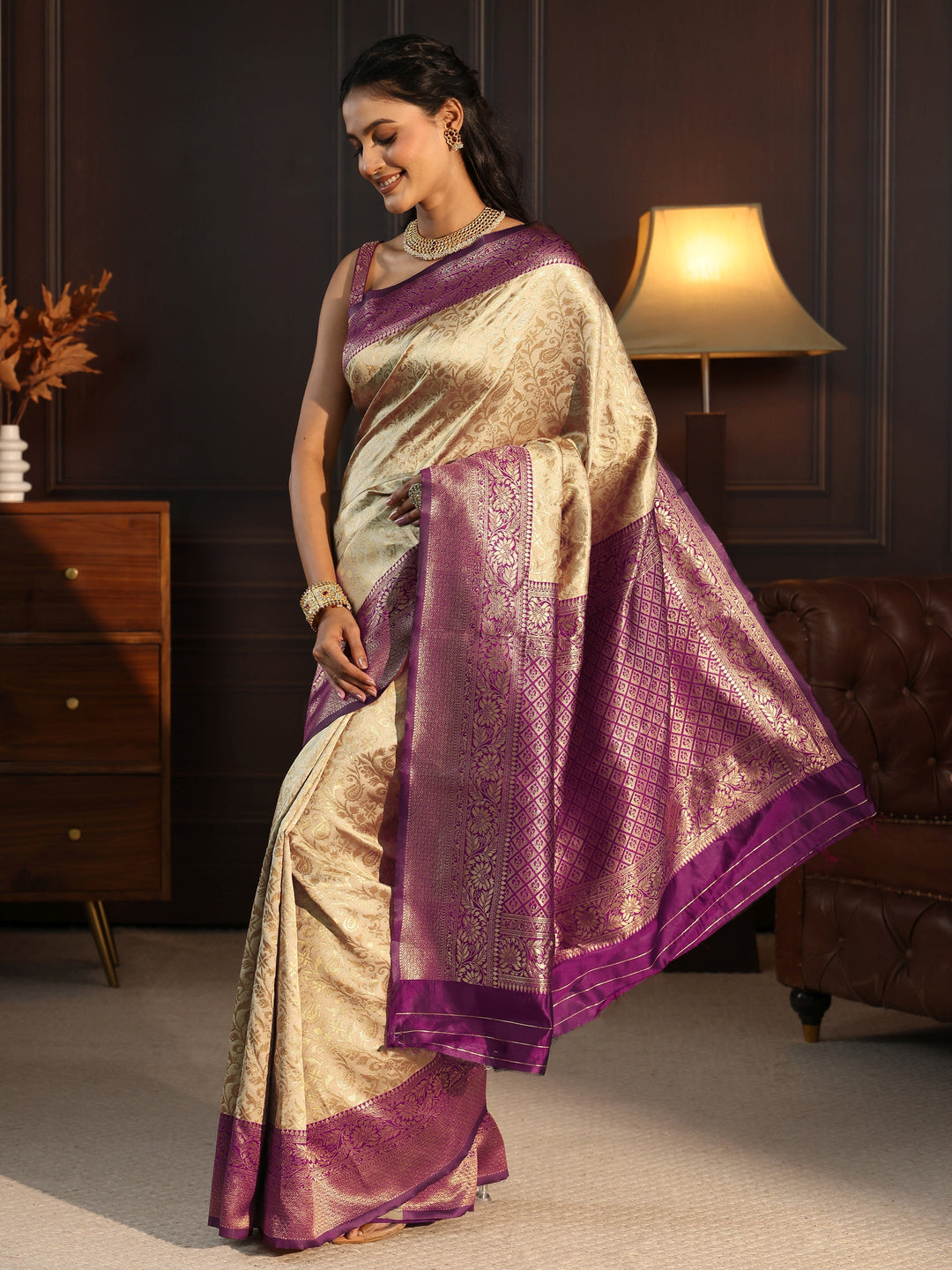  Libas Beige and Purple Banarasi Silk Blend Saree 
