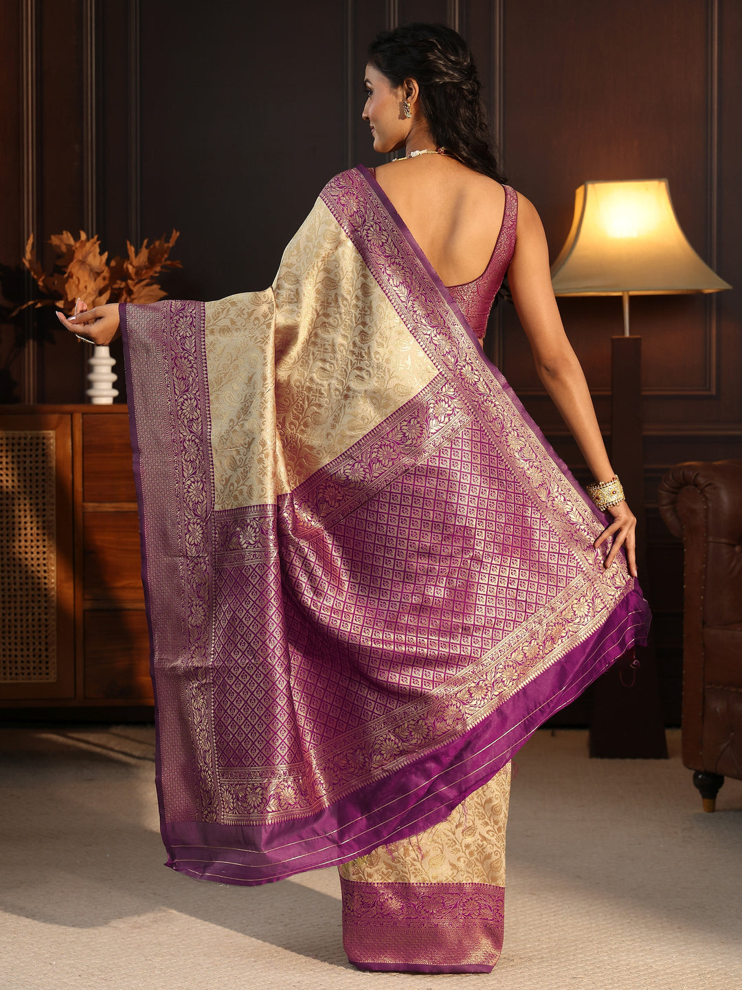  Libas Beige and Purple Banarasi Silk Blend Saree 