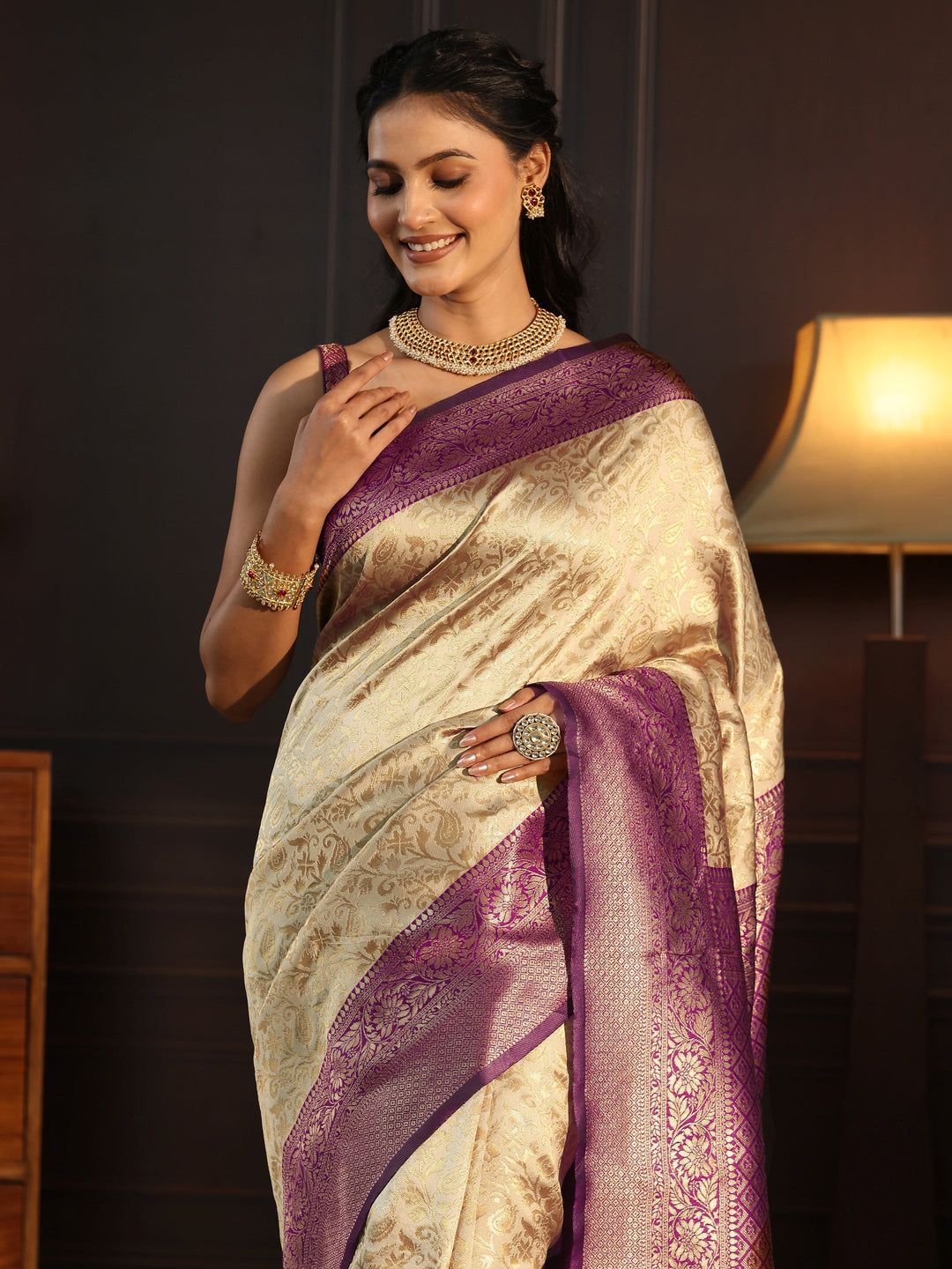  Libas Beige and Purple Banarasi Silk Blend Saree 