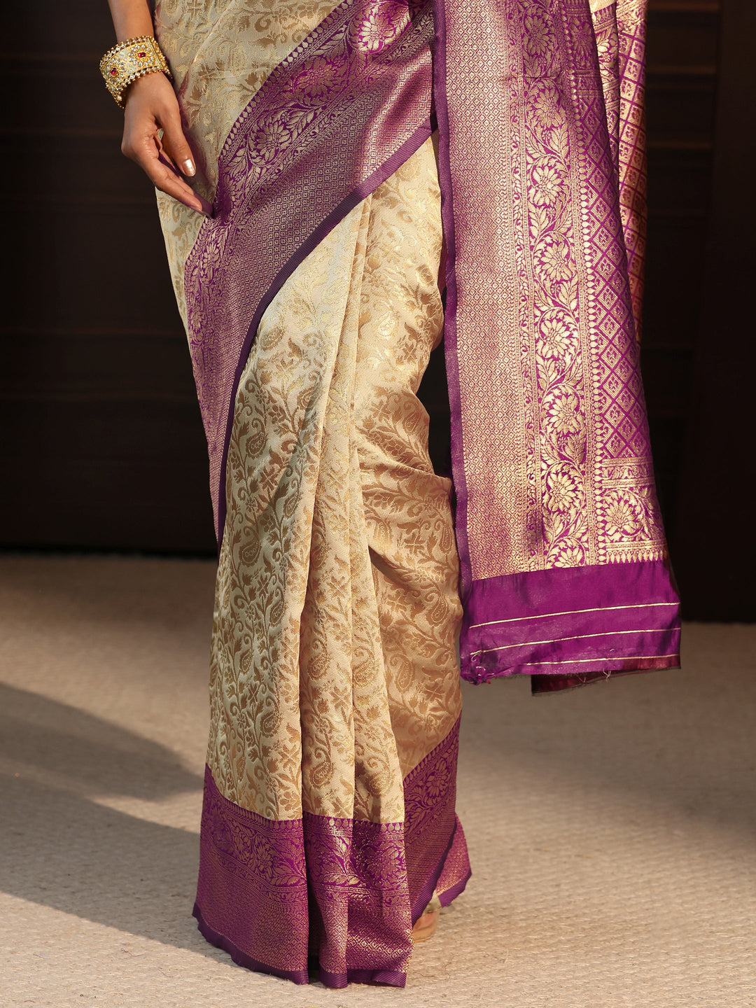  Libas Beige and Purple Banarasi Silk Blend Saree 