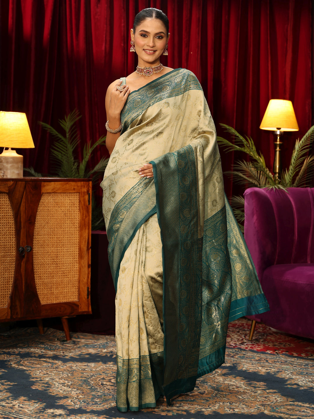  Libas Beige Floral Woven Design Silk Blend Saree 