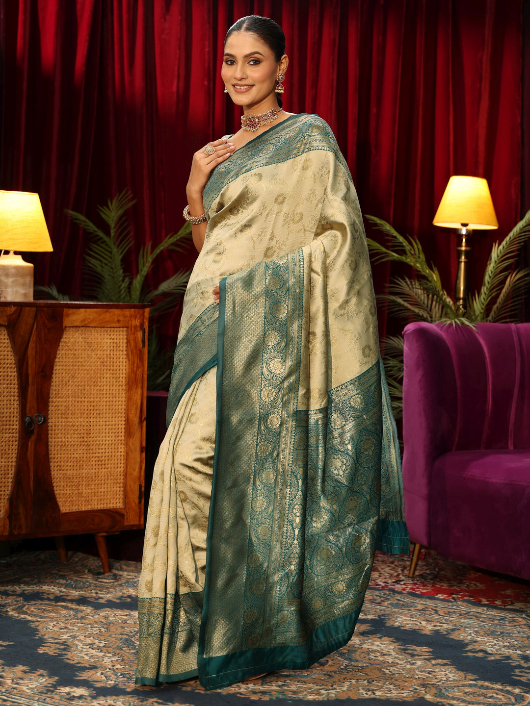  Libas Beige Floral Woven Design Silk Blend Saree 