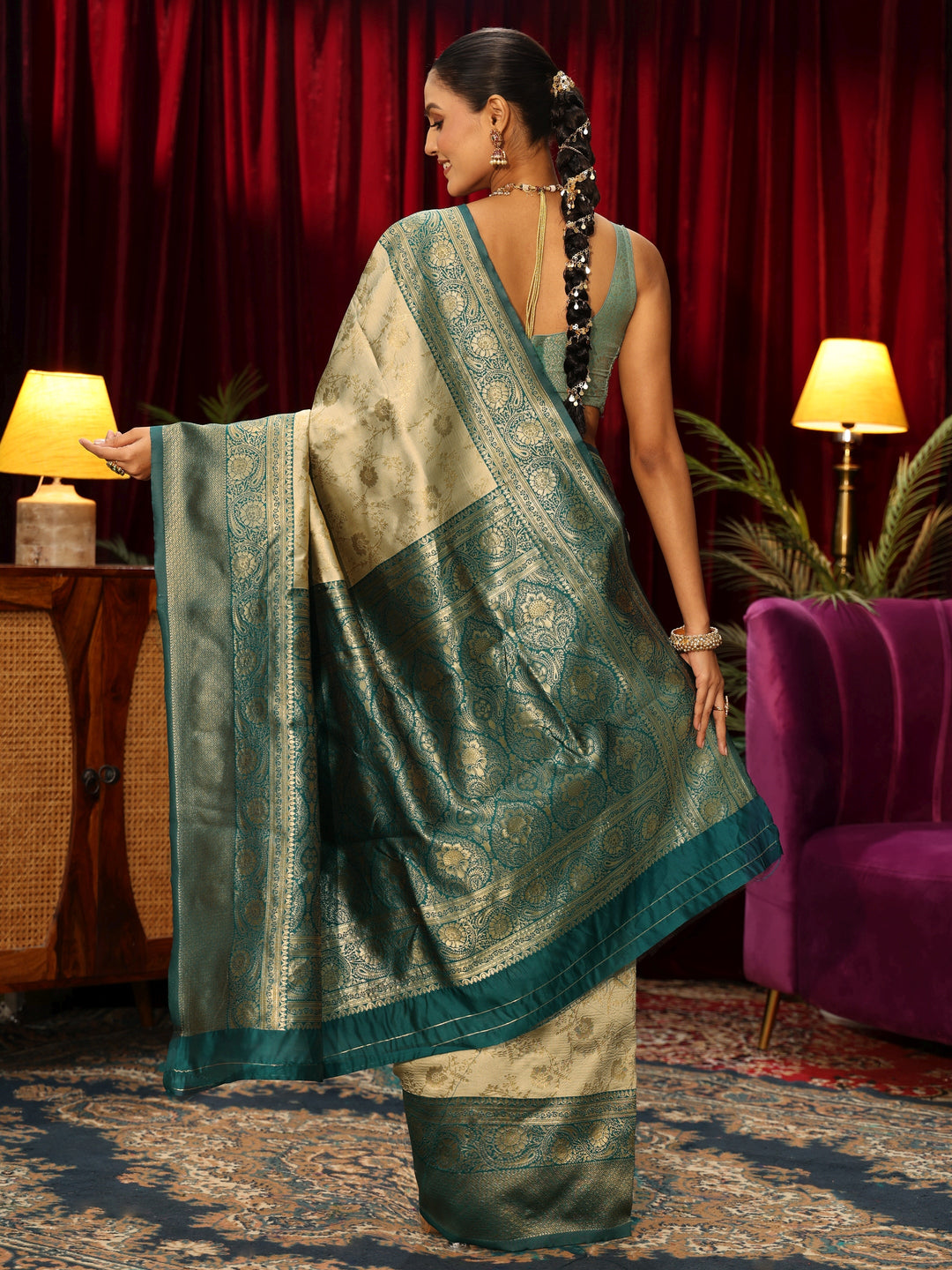  Libas Beige Floral Woven Design Silk Blend Saree 