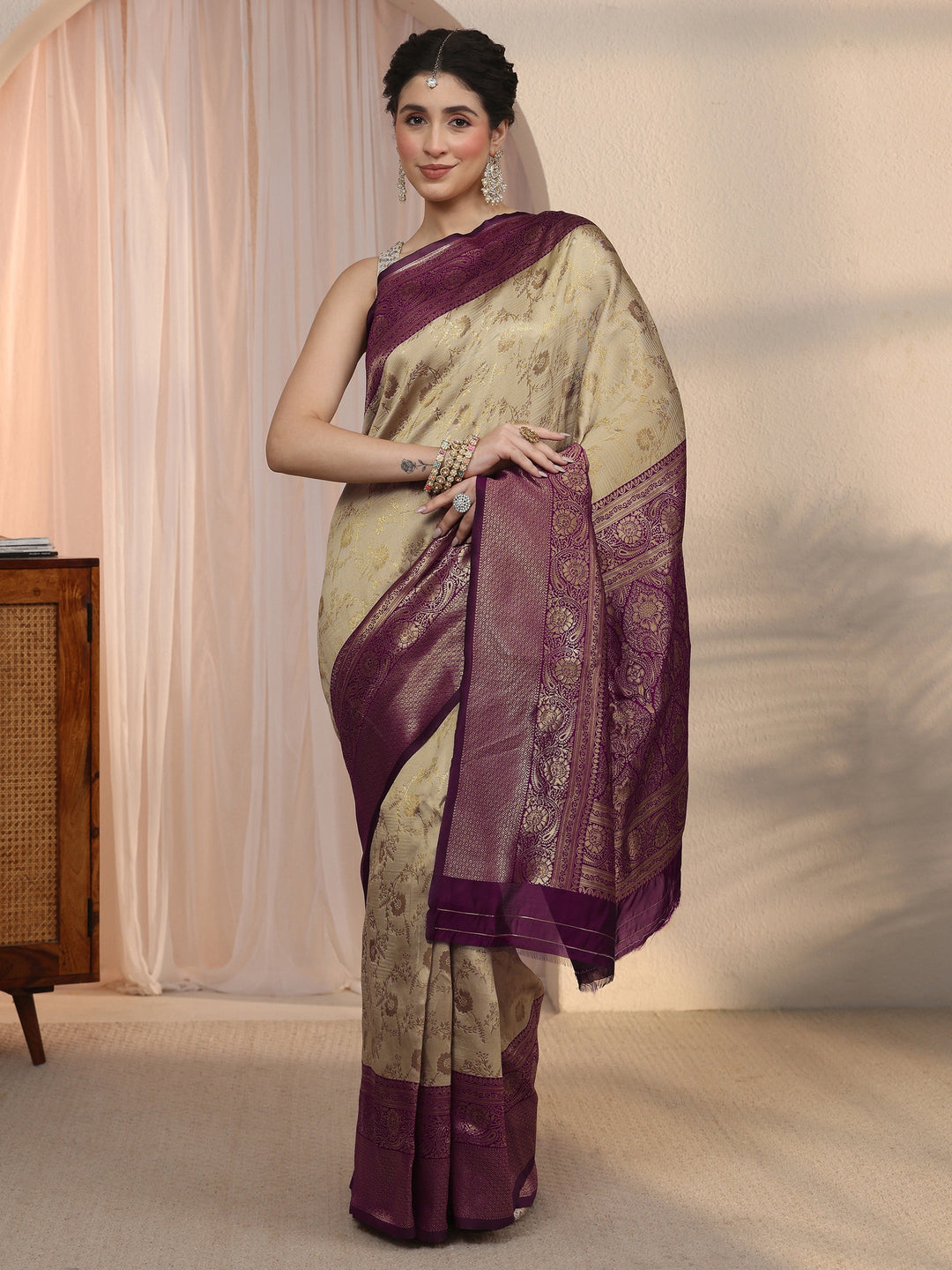  Libas Beige Floral Woven Design Silk Blend Saree 
